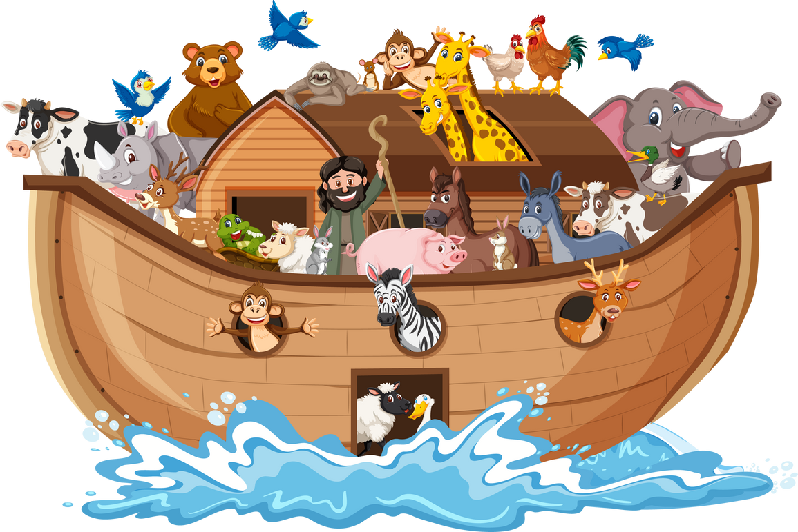 Animals on Noah's ark with sea wave isolated on white backgr